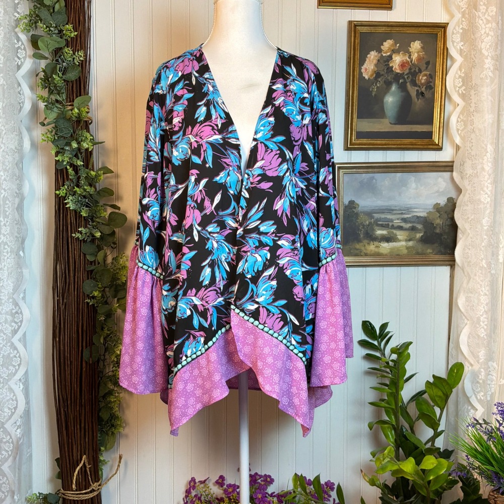 The Pioneer Woman Kimono Womens L/XL Purple Floral Excellent Bell Sleeve